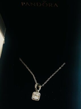 Pandora Silver Necklace with White Sparkling Cubic Zirconia Halo Pendant